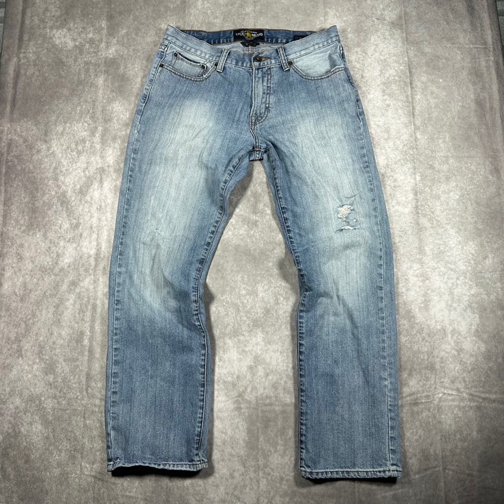 Lucky Brand 221 Original Straight Jeans Mens 34x32 Light Wash Distressed Blue